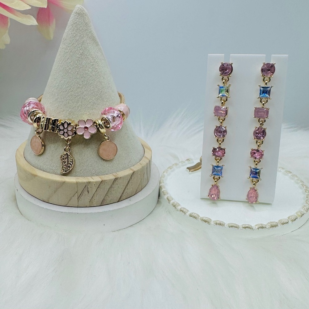Pink Bundle - Charm Bracelet & Geometric Long Pink Earrings